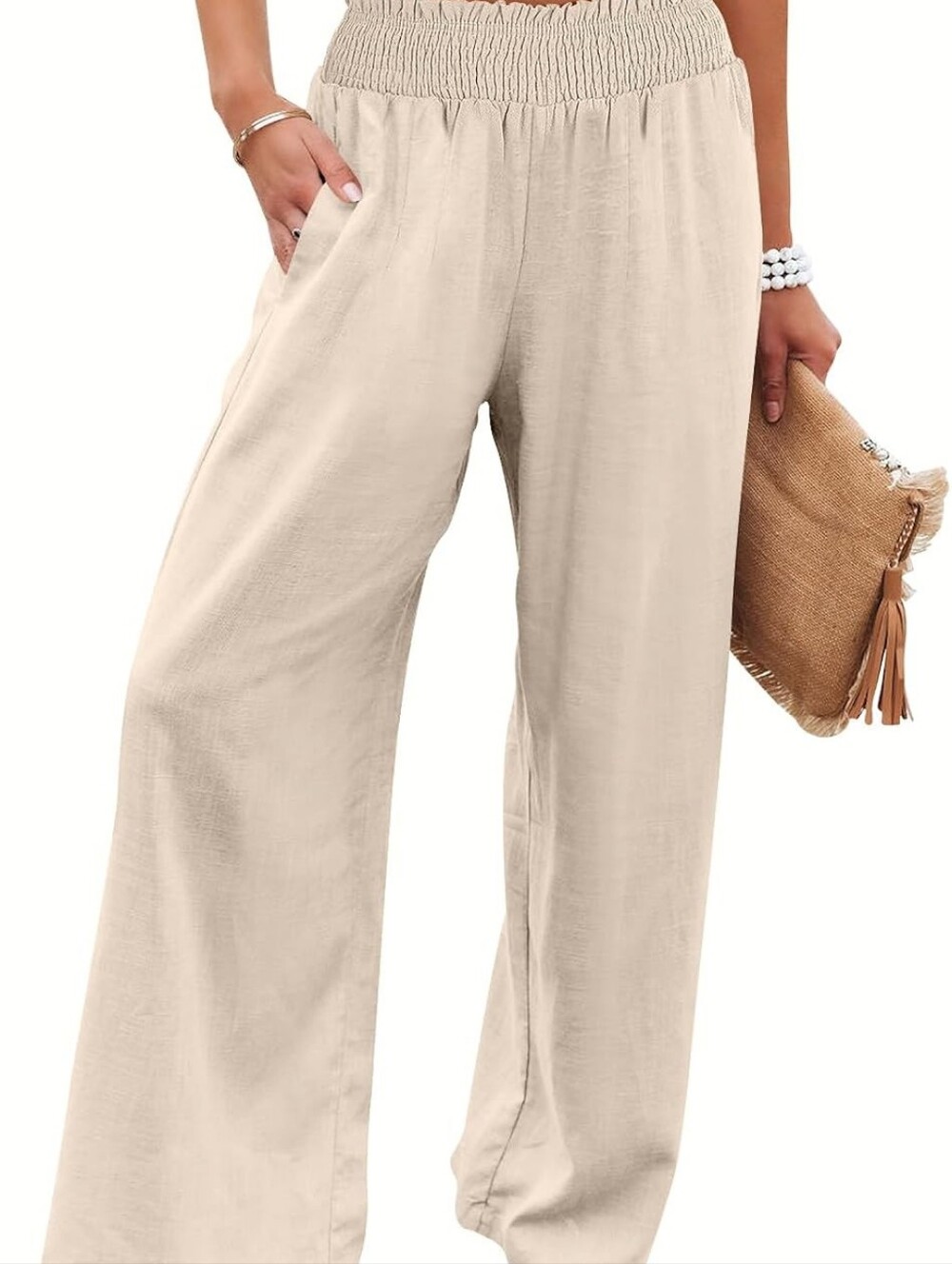 Easy Linen-Feel Wide Leg Pants with Smocked Waist - Cream